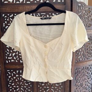 Zara Cream Short-Sleeve linen Blouse